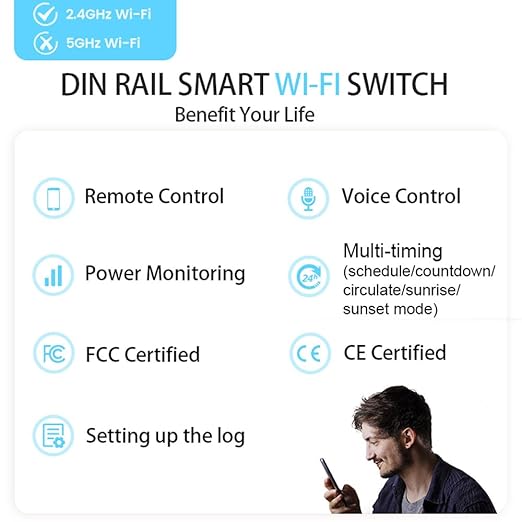 DIY 1P+N Smart Wi-Fi Switch, Work with Alexa and Google Assistant for Voice Control, 20A with Energy Monitor, Smart Life/Tuya APP Remote Control, Timer Functions, DIN Rail Mounted,FCC Certified