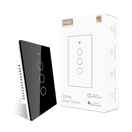 MOES ZigBee Smart Touch Wall Light Switch,Requires Tuya ZigBee Hub,No Neutral Wire/N+L Wiring,No Capacitor,Smart Life Tuya 2/3 Way Remote Control, Work with Alexa Google Home, 2MQTT,3 Gang Black