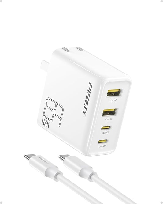 PISEN 65W USB C Fast Charger - 4FT USB-C Cable, 4-Port Compact Foldable GaN Charger, PPS for MacBook Pro/Air, iPad Pro, Galaxy S23, iPhone Series
