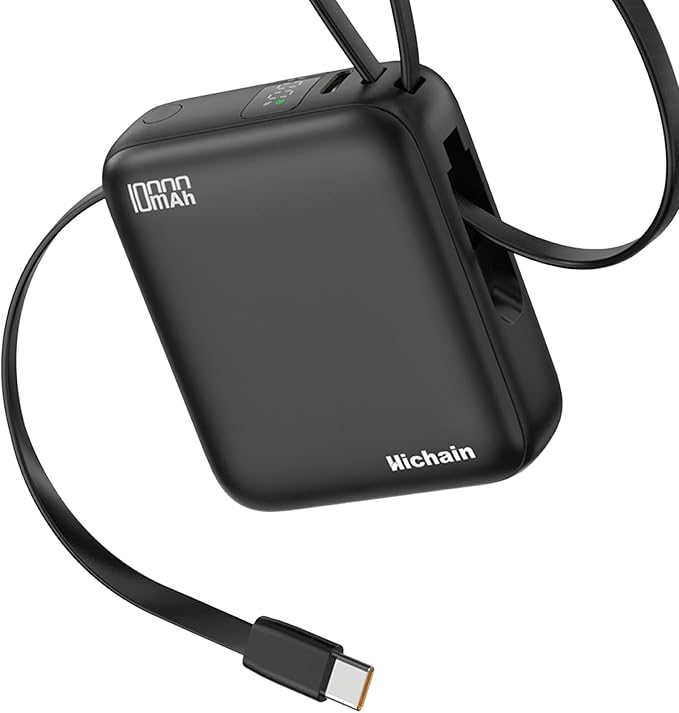 Hichain Small Portable Charger with Built in Cables LED Display, Mini Power Bank 10000mAh 22.5W USB-C Fast Charging Battery Pack, Travel Essential Power Bank for iPhone, iPad, Samsung, Android (Black)