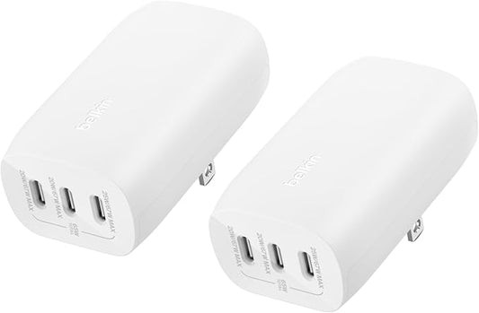 Belkin 3-Port USB C Charger Block 67W - PPS USB-C PD3.1 PPS Super Fast Charging - Samsung Galaxy S25, Apple iPhone 16, MacBook Pro, AirPods, Nintendo Switch 2 & More - White, 2-Pack