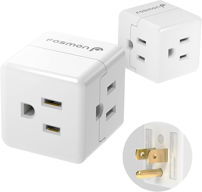 Fosmon 3 Outlet Wall Adapter Cube Tap, 90 Degree Wall Tap Triple Power Adapter, Outlet Splitter 3 Prong, Multi Plug Outlet, 3 Way Plug Adapter, Outlet Extender for Home or Travel, ETL Listed
