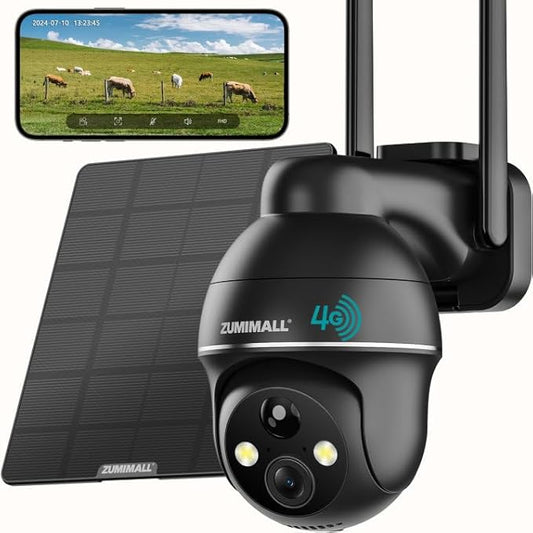 ZUMIMALL 4G LTE Cellular Solar Security Camera Wireless Outdoor, 2K No WiFi Security Camera Solar Powered with Color Night Vision, 2-Way Talk, Motion Alert, Cloud, SIM Included（US Version）