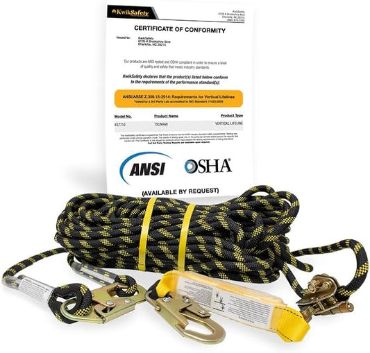 KwikSafety - Charlotte, NC - Tsunami [Premium Braided Rope] Vertical Lifeline ANSI OSHA Rope Grab Snap Hook Shock Absorber Fall Protection Line Kit Restraint System Roofing Safety Equipment / 50 FT.