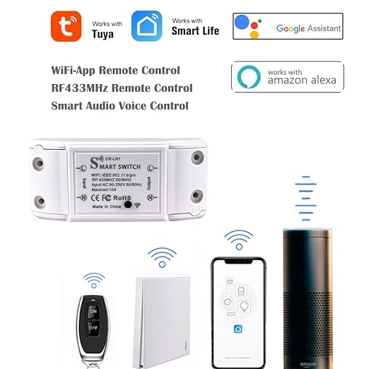 Smart WiFi Light Switch, RF Wireless Remote Control Switch Kit, APP and 433MHz, Compatible with Alexa, Google Home, Voice Control, Timer Function, No Hub Required, 1 Way, 10A