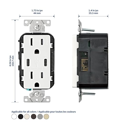 Leviton T5635-G 30W (6A) USB Dual Type-C/C Power Delivery In-Wall Charger with 15A Tamper-Resistant Outlet, USB Charger for Smartphones, Tablets, Laptops, Gray