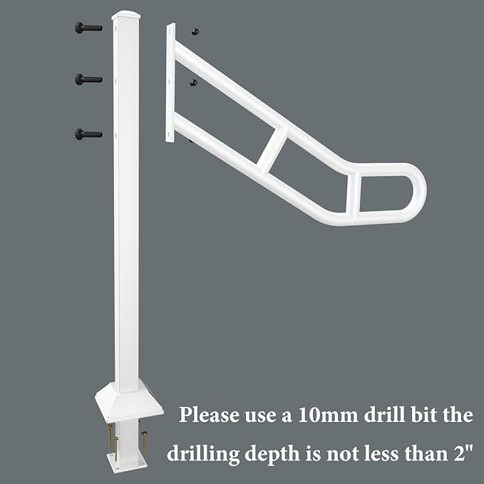 Upgraded Single Post Handrail, White Bent Wrought Iron Handrails for Outdoor 1-3 Steps, Metal Freestanding Stair Railing, Floor Mounted Hand Rails with 2 Anti-Skid Crossbar for Garage, 32"L x 35.8" H