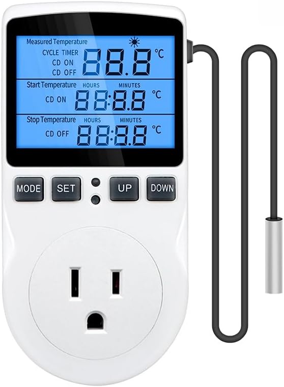 Digital Temperature Controller Thermostat Timer, Reptile Thermostat Controller, Day Night Timer, 110V, Temperature Controlled Outlet Plug, Heating Cooling Control with Sensor