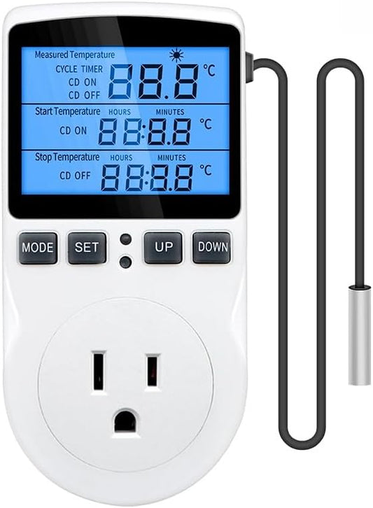 Digital Temperature Controller Thermostat Timer, Reptile Thermostat Controller, Day Night Timer, 110V, Temperature Controlled Outlet Plug, Heating Cooling Control with Sensor