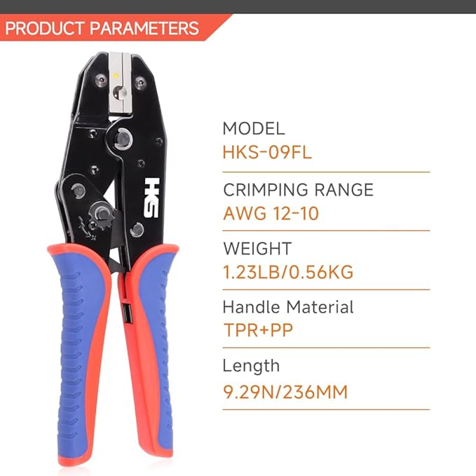 HKS Crimping Tool for Insulated Flag Terminals - Ratcheting Wire Crimpers -12-10AWG (4-6mm²) - Ratchet Terminal Crimper - Electrical Crimping Tool