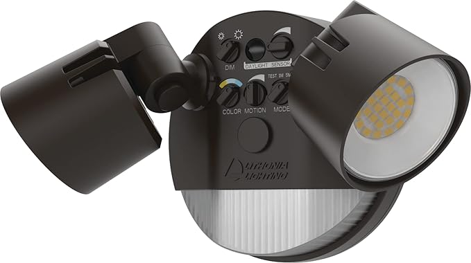 Lithonia Lighting HomeGuard 2-Light LED Outdoor Flood Lights, Motion Sensor Outdoor Lights with Dusk to Dawn, Adjustable Lumens and Color, Round Heads, Dark Bronze (HGX LED 2RH ALO SWW2 120 PIR DDB)