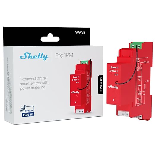 Shelly Wave Pro 1PM US LR | Z-Wave Long Range Smart Relay Switch with Power Metering, 1-Channel 16 A | DIN-Rail | Home Automation | High Compatibility | Easy Installation | iOS Android App