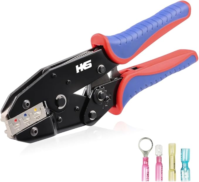 HKS Crimping Tool For Heat Shrink Connectors - Ratcheting Wire Crimpers - AWG 22-10 (0.5-6.0mm²) - Ratchet Terminal Crimper - Electrical Crimping Tool