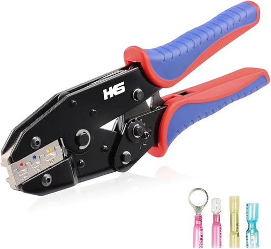 HKS Crimping Tool For Heat Shrink Connectors - Ratcheting Wire Crimpers - AWG 22-10 (0.5-6.0mm²) - Ratchet Terminal Crimper - Electrical Crimping Tool