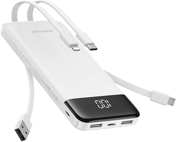charmast Portable Charger with Built in Cables, 10000mAh Slim Power Bank, 15W USB C in&Out Port High Speed Charging External Charger, Battery Pack Compatible with iPhone 16 15 13 Samsung Google iPad