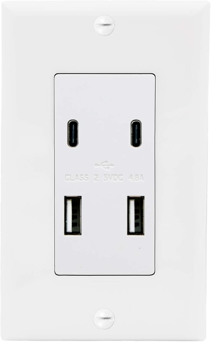 Maxxima USB Receptacle Outlet - 4.8A USB C/A High Speed 4 USB Wall Charging Ports, Vertical Multi-Plug Socket, Electrical AC Replacement, Outlet Wall Plate Included - White