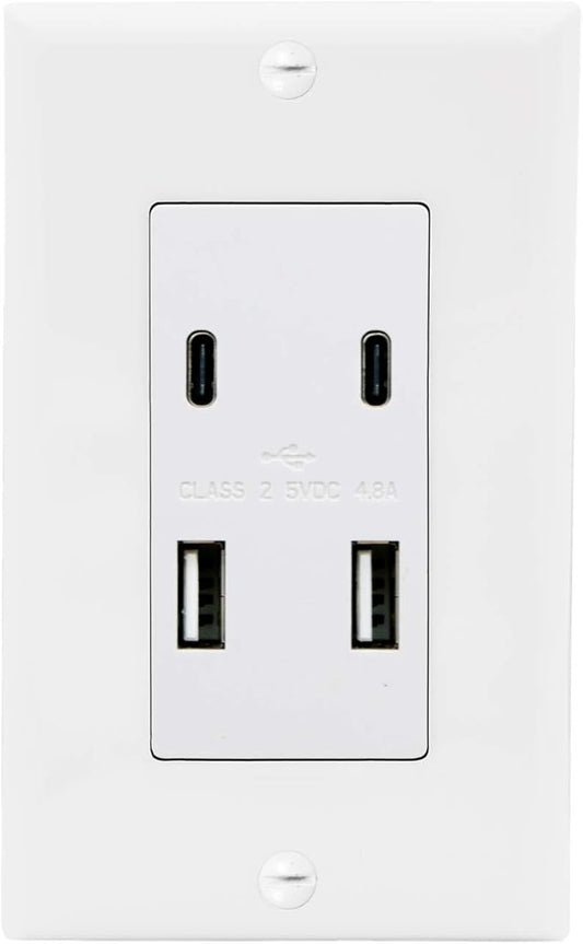 Maxxima USB Receptacle Outlet - 4.8A USB C/A High Speed 4 USB Wall Charging Ports, Vertical Multi-Plug Socket, Electrical AC Replacement, Outlet Wall Plate Included - White