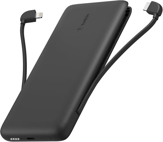 Belkin Portable Charger, Power Bank 10000 mAh, 23W w/Integrated Lightning Cable & USB-C Cable - iPhone Charger Battery Pack for Apple iPhone 16, 15, 14, Galaxy S25, Pixel 9, Travel Essentials - Black