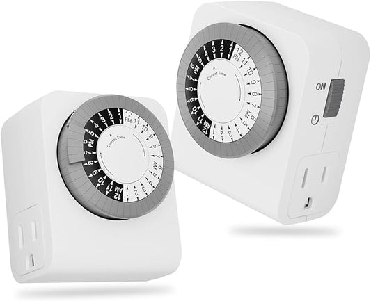 BN-LINK Timer Outlet with 2 Grounded Outlets, Mechanical Light Timers for Electrical Outlets Indoor, 24-Hour 3-Prong Timer Outlet for Lamp, Indoor Lighting and Christmas Lights, 15A/1875W, 2 Pack