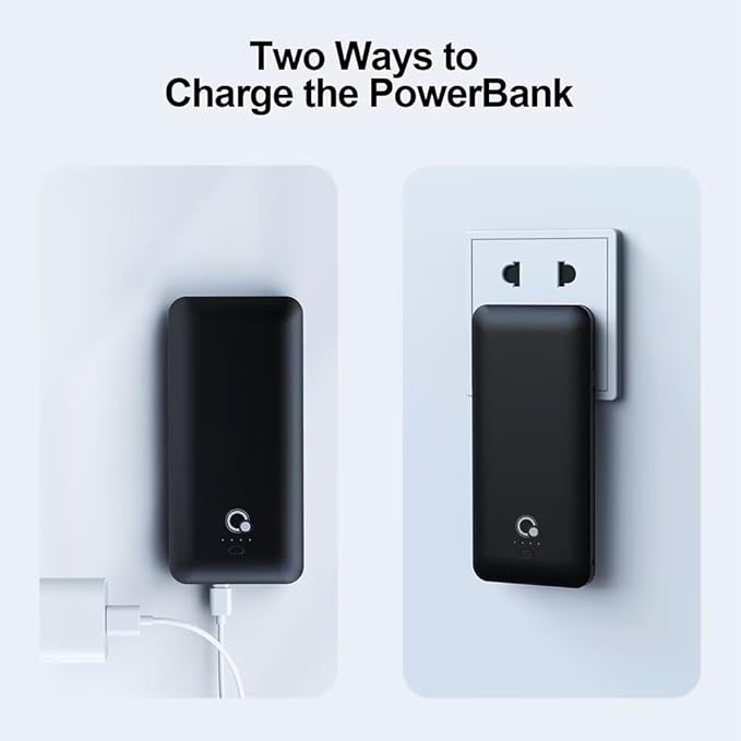 Q 10000mAh Power Bank, Slim Portable Charger,4 Output External Battery Pack with Built-in AC Wall Plug Micro USB C 3 Cables Compatible with iPhone Samsung Android Phone Tablet and More