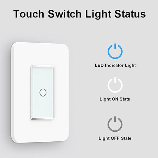 Nexete Smart Light Switch,2.4GHz Wi-Fi Single Pole Touch Switch, Timmer Voice & Smart Life App Control,Compatible with Alexa Google Assistant,Neutral Wire Required,White(Single Switch 2-Pack)