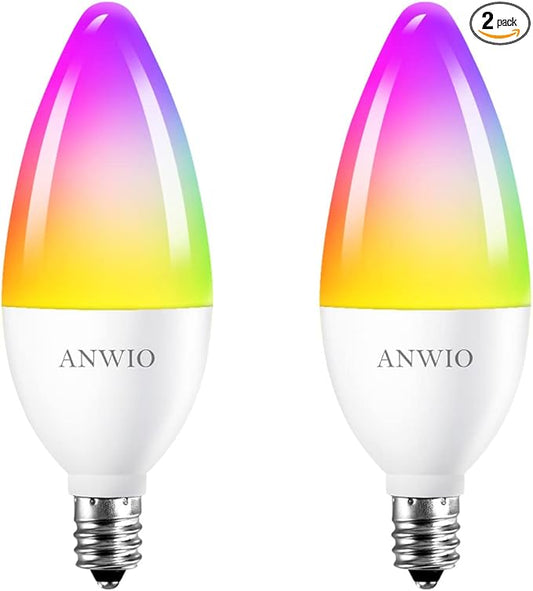 ANWIO Smart Light Bulbs, Smart Candelabra LED Bulb, Smart Chandelier Light Bulbs, 4.9W (40W Equivalent) 470LM, E12 Smart Bulbs, Compatible with Alexa Google, Only 2.4GHz WiFi No Hub Required, 2 Pack