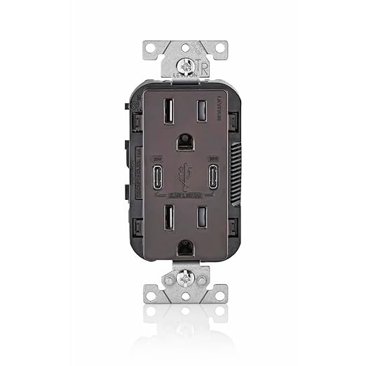 Leviton T5635-B 30W (6A) USB Dual Type-C/C Power Delivery In-Wall Charger with 15A Tamper-Resistant Outlet, USB Charger for Smartphones, Tablets, Laptops, Brown