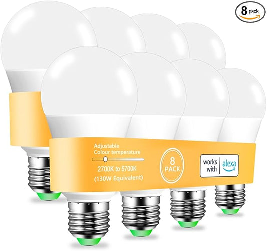 MELPO Alexa Light Bulb 130W Equivalent, Smart Light Bulbs Warm White to Daylight Tunable, A19 E26 Bluetooth LED Bulbs Controlled by BRmesh APP and Alexa only, Timing, Flicker-Free（8 Pack）