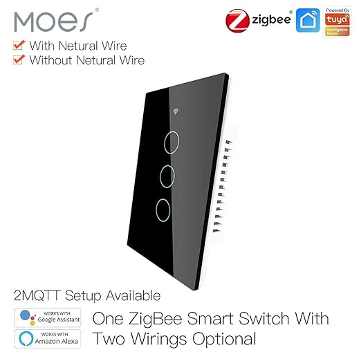 MOES ZigBee Smart Touch Wall Light Switch,Requires Tuya ZigBee Hub,No Neutral Wire/N+L Wiring,No Capacitor,Smart Life Tuya 2/3 Way Remote Control, Work with Alexa Google Home, 2MQTT,3 Gang Black