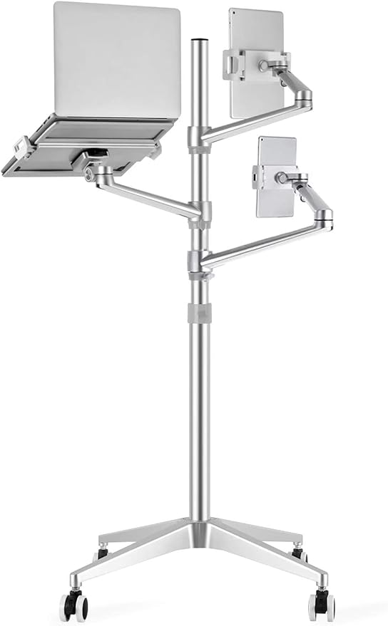 Triple arm Height Adjustable Stand Mount with Rolling Wheel for Laptop(11-17 inch) and Compatible with ipad iPad pro 12.9 inch/Tablet/Ereader