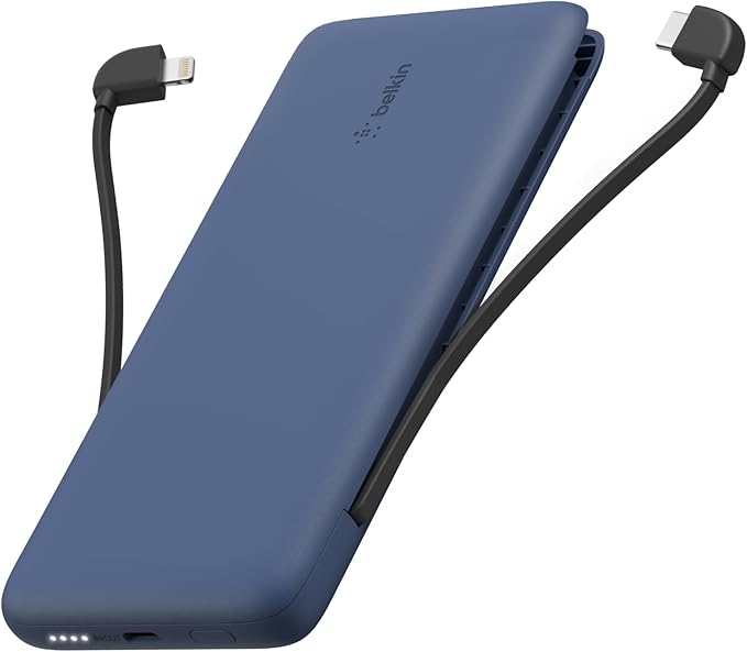 Belkin Portable Charger, Power Bank 10000 mAh, 23W w/Integrated Lightning Cable & USB-C Cable - iPhone Charger Battery Pack for Apple iPhone 16, 15, 14, Galaxy S25, Pixel 9, Travel Essentials - Blue