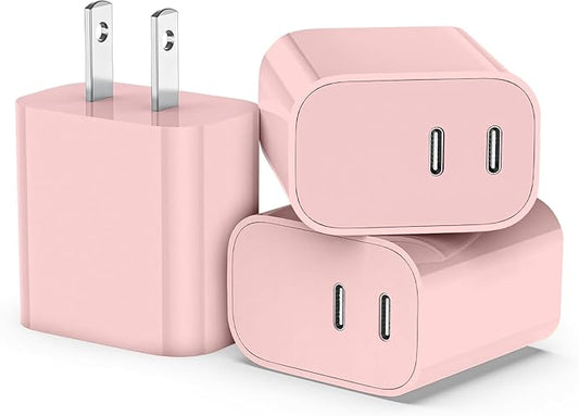 20W USB C Charger Block,3-Pack Type C Charging Block,Dual Port USB C Wall Charger Plug for iPhone 16/15/14/13/12/11/ Pro Max/Plus/Xs Max/XR/X,iPad Pro (Pink)