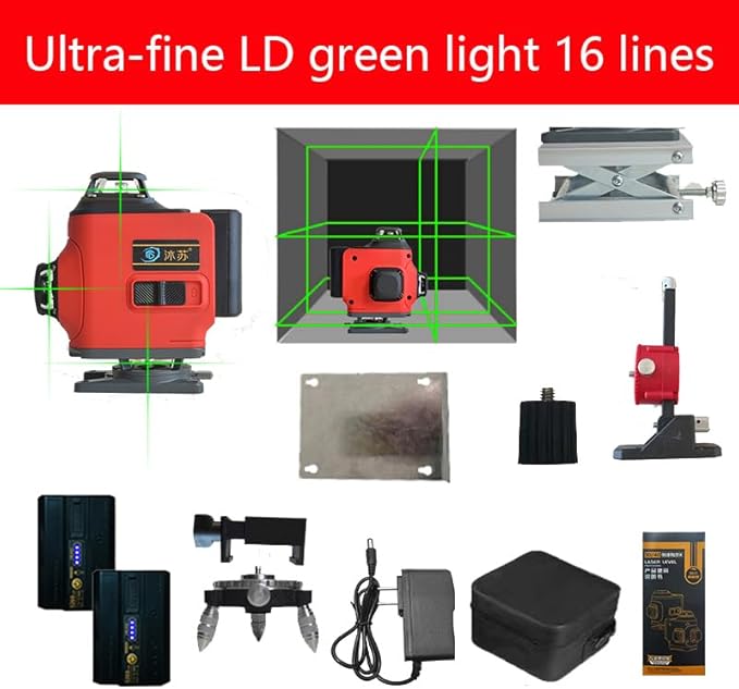 4D 16 lines laser level 4×360° self leveling Precision Cross Line level tool Two 360° Vertical and Horizontal Red beam with hand wave mode control Rotary laser level (4D 16 Green Lines)