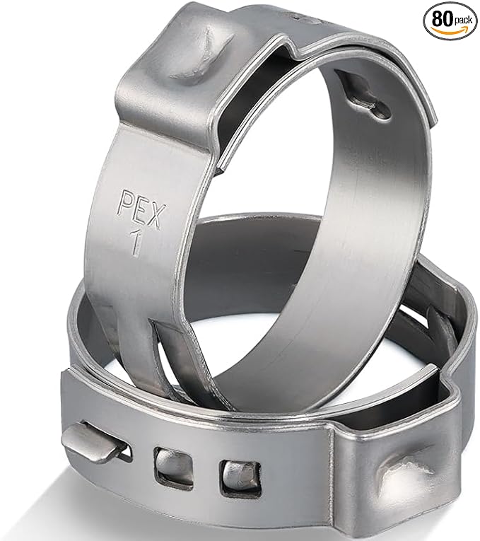 80 Pack 1 Inch Pex Clamps,304 Stainless Steel Pex Cinch Clamps Stepless Pex Crimp Rings PEX fittings Pinch Clamps,Single Ear Hose Clamps for Pex Tubing Pipe