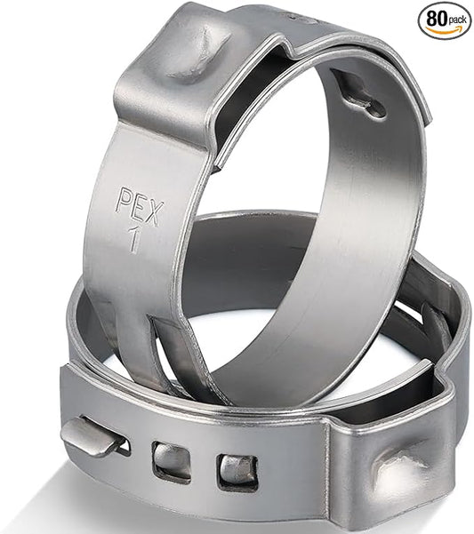 80 Pack 1 Inch Pex Clamps,304 Stainless Steel Pex Cinch Clamps Stepless Pex Crimp Rings PEX fittings Pinch Clamps,Single Ear Hose Clamps for Pex Tubing Pipe
