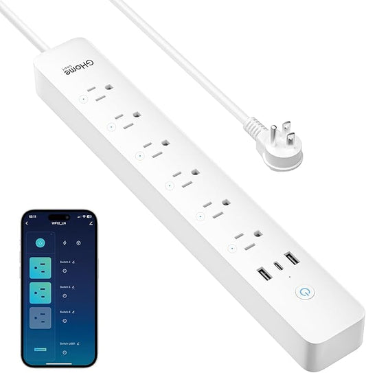 GHome Smart Plug Power Strip, WiFi Surge Protector with 6 Individually Controlled Smart Outlets, 3 USB Ports (2 USB-A and 1 USB-C), Works with Alexa & Google Home, Flat Plug for Home Office, 2.4Ghz