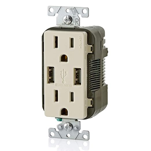 Leviton T5632-T Type-A USB in-Wall Charger with 15A Tamper-Resistant Outlet, USB Charger for Smartphones, Light Almond