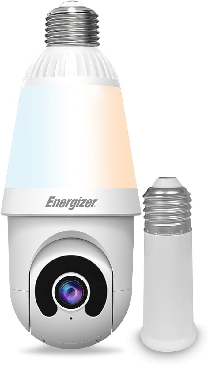 Energizer Smart 2K Light Bulb Security Camera, 1000 Lumens LED Light, 5GHz & 2.4GHz Wi-Fi Outdoor Socket Camera, Auto Tracking, Pan and Tilt, Night Vision, 2-Way Audio, Works with Google Home & Alexa