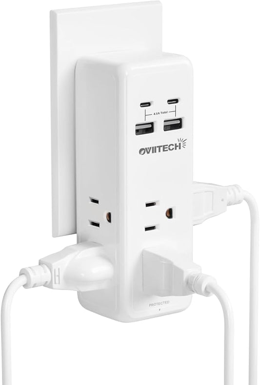 Surge Protector Outlet Extender- 4 USB Wall Charger (2 USB C) 4.5A Total, Wall Plug Splitter with 6 AC Electrical Power Expander, Spaced for Travel Home Office, White