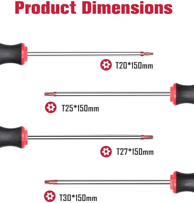 ROTATION 4PCS Magnetic Tip Torx Screwdriver Set, 4 Torx Star Screwdrivers, T20, T25, T27, T30, Red Tip | Red, Gloss, S2 Steel