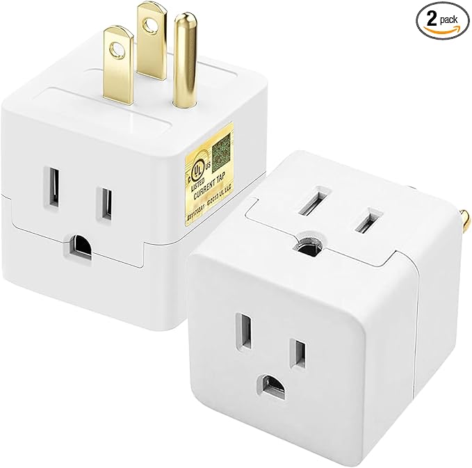 Outlet Splitter 3 Prong,3 Outlet Wall Adapter,Cube Tap Plug Extender,3 Way Wall Outlet Adapter,Multiple Plug Expander,UL Listed,White,2 Pack