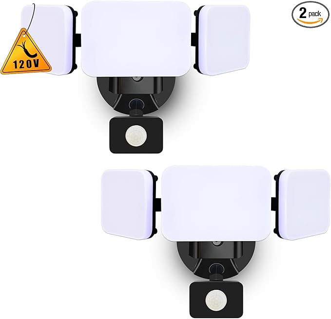 EMANER Outdoor Flood Lights Motion Sensor, Dusk to Dawn & Detection Adjust, Outside LED Security Lights 4500lm 120V, 5000K 3-Head Frosted Lens, Wall Lights for Patio/Driveway/Yard, (2-Pack, Black)