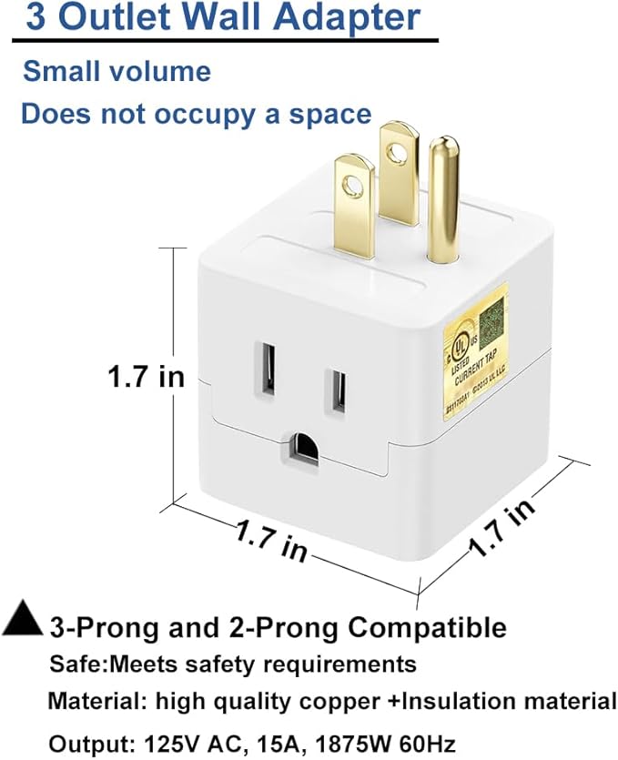 Outlet Splitter 3 Prong,3 Outlet Wall Adapter,Cube Tap Plug Extender,3 Way Wall Outlet Adapter,Multiple Plug Expander,UL Listed,White,2 Pack