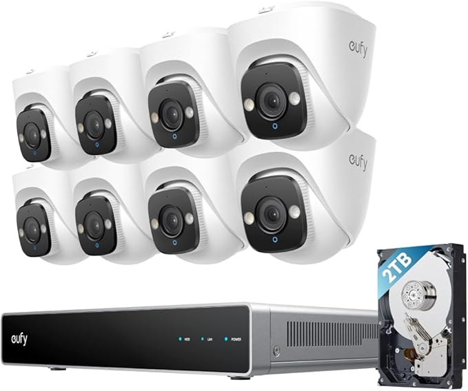 eufy PoE NVR Security System E41,24/7 Recording,16CH, 2TB HDD, 8 4K Turret Cams, Wired Outdoor Cam, 4K UHD, 122° FOV, Color Night Vision, AI Detection, Red and Blue Strobe
