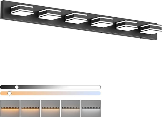 Ralbay 48inch Black Bathroom Vanity Light with 5 Color Temperatures (3000K-6000K) Dimmable Metal Acrylic Modern LED Matte Black Bathroom Lighting Over Mirror (6-Light)