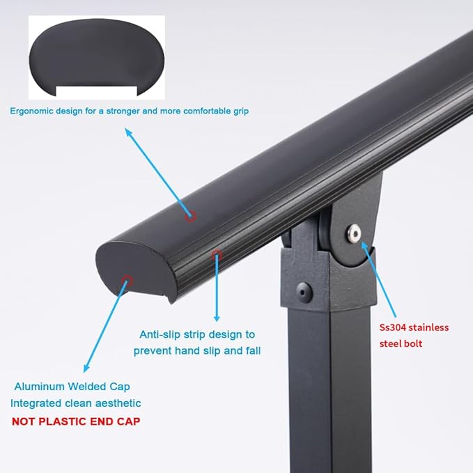 4 Steps Handrail for Outdoor Steps, Premium Aluminum Alloy Railing Set, Porch Railing Kit,Free Installation Kits Included, Used Under Harsh Weather Conditions,Rust Free for 3-4 Steps，Set of 1