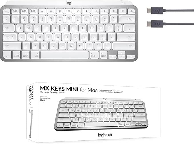 Logitech MX Keys Mini for Mac Minimalist Wireless Keyboard, Compact, Bluetooth, Backlit Keys, USB-C, Tactile Typing, Compatible with MacBook Pro,Macbook Air,iMac,iPad - Pale Grey