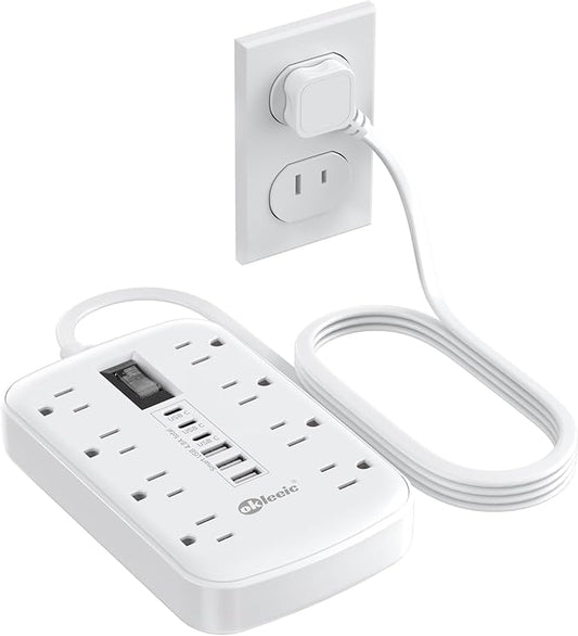 2 Prong Power Strip, 3 to 2 Prong Outlet Adapter, 1700J 2 Prong Surge Protector 5ft Extension Cord with Thin Flat Polarized Plug, 8 AC & 6 USB, Wall Mount for Non-Grounded Outlet, Ideal for Old House