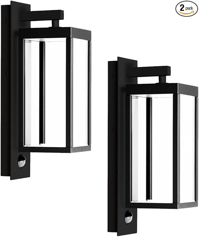Lustrlach 2 Pack Outdoor Motion Sensor Wall Lights for House,15in LED Exterior Modern Porch Light Fixture Black with Clear Glass IP54 Waterproof for Outside Garden Front Door Patio,750Lumen,13W