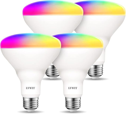 LVWIT Smart Light Bulbs Alexa, BR30 60W Equivalent, E26 Smart LED, Work with Google Assistant, Smart Life App, Tuya App, RGB Color Changing Bulb (8.5W), No Hub Required, 4-Pack